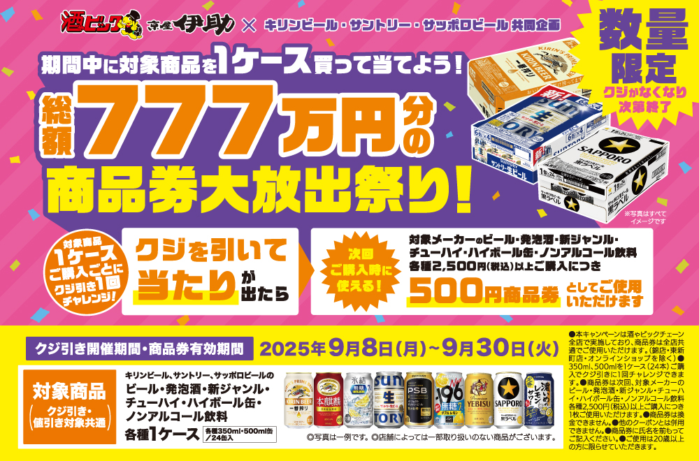 キリンビール・サントリー・サッポロビール共同企画 期間中に対象商品を1ケース買って当てよう!総額777万円分の商品券大放出祭り!キャンペーン
