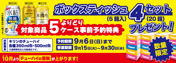 キリンビール 対象商品よりどり5ケース事前予約特典 ボックスティッシュ4セットプレゼントキャンペーン