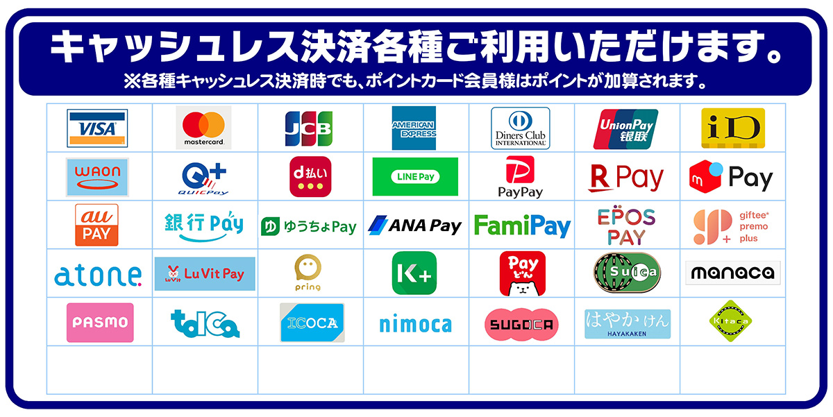 キャッシュレス決算各種ご利用いただけます