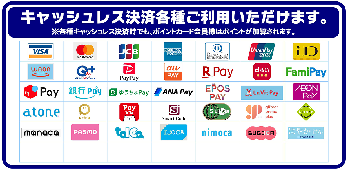 キャッシュレス決算各種ご利用いただけます